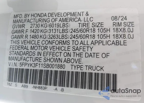 2025 Honda Ridgeline Sport z USA, uszkodzony, nr VIN 5FPYK3F11SB001880